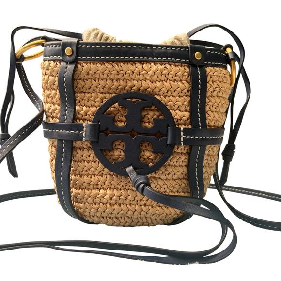 Tory Burch Accessories - Tory Burch Miller Straw Bucket Bag Natural Navy Crossbody Purse Leather Trim